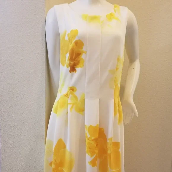 Calvin Klein | Dresses | Calvin Klein Womens Printed Scuba Fit And Flare  Dress Size Whiteyellow | Poshmark